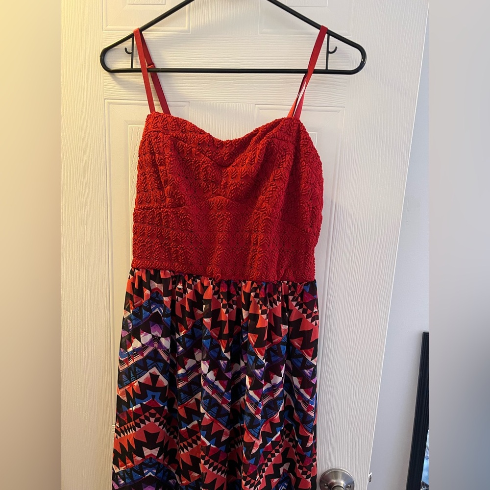 Red and Multicolor Patterned Women's Dress. Guessing it’s a medium.